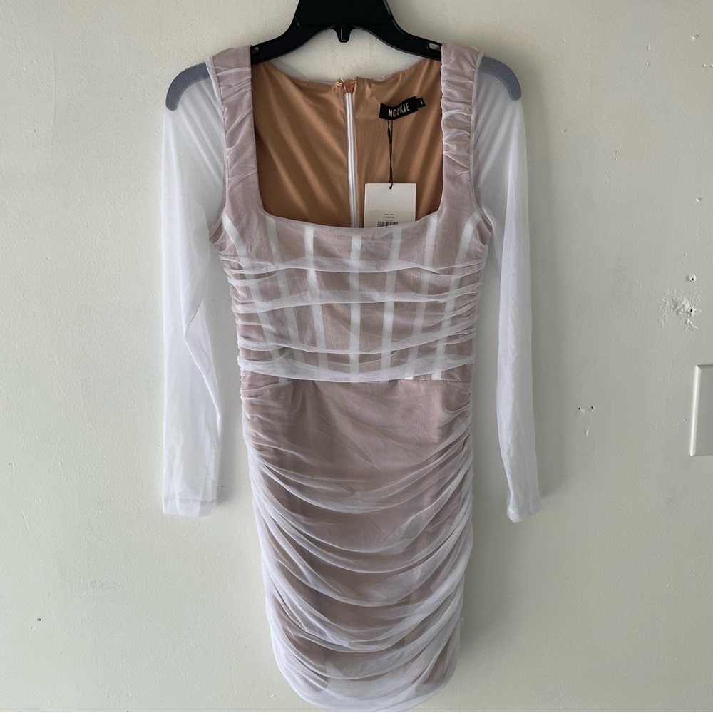 New! Nookie Revolve Vision Nude Ruched Mini Bodycon Fitted Dress 37740 - Picture 2 of 9